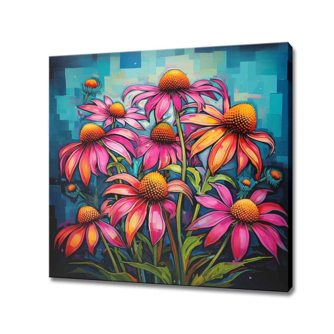 Pink Orange Coneflowers Teal Mosaic Background Bold Floral Wall Art
