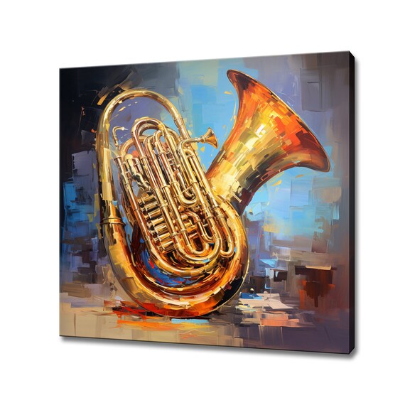 Golden Tuba Brass Instrument Bold Blue Painterly Music Studio Wall Art