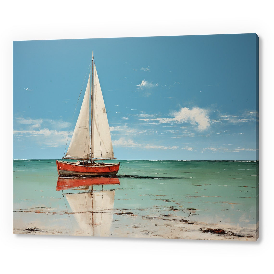 Red Sailboat Calm Turquoise Sea White Sails Reflection Travel Poster