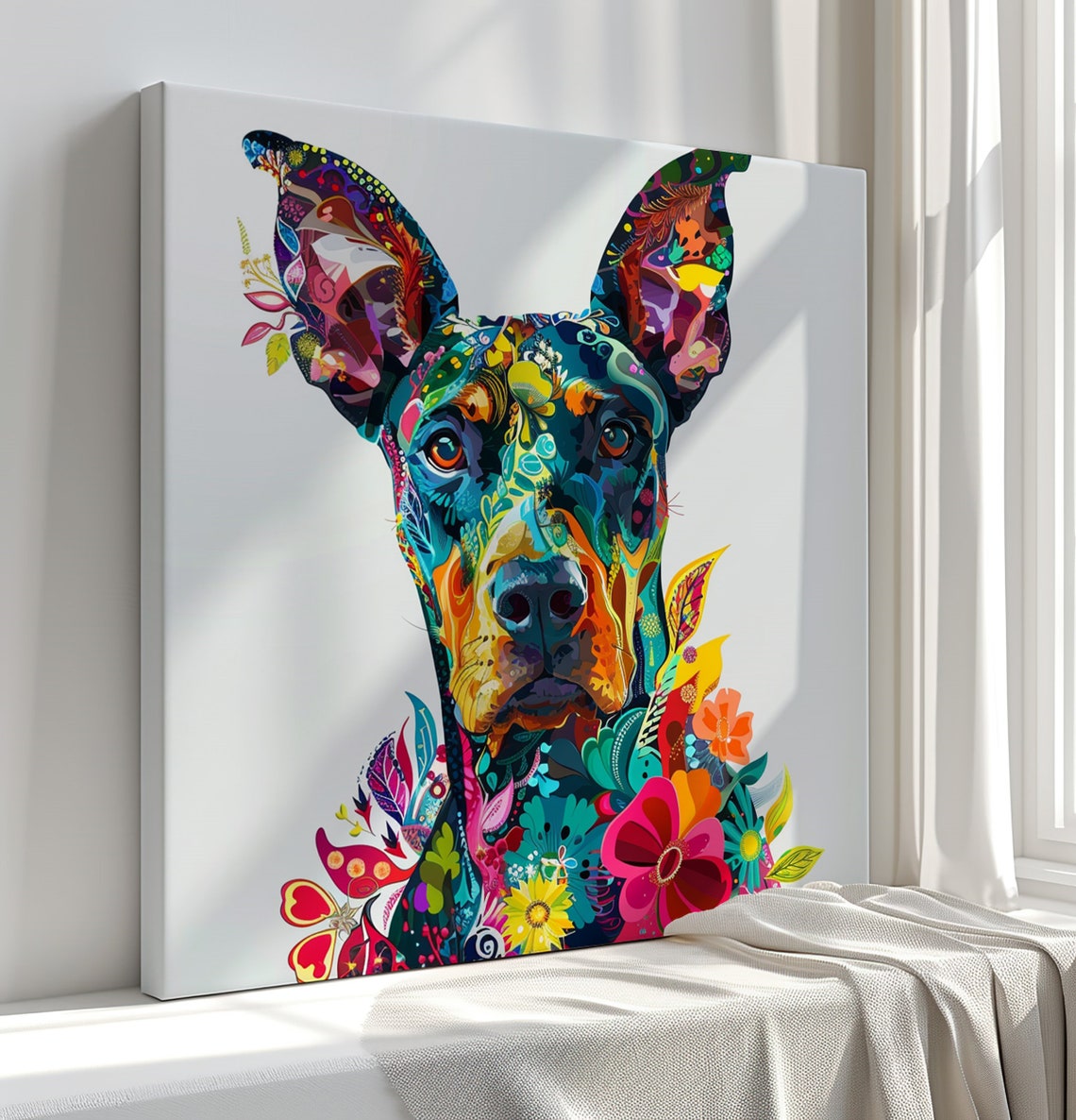 Doberman Dog Floral Zentangle Art Colourful Flower Dog Wall Poster