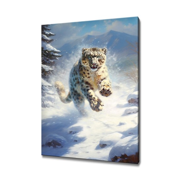 Snow Leopard Leaping Snow Mountain Blue Sky Realistic Art Poster