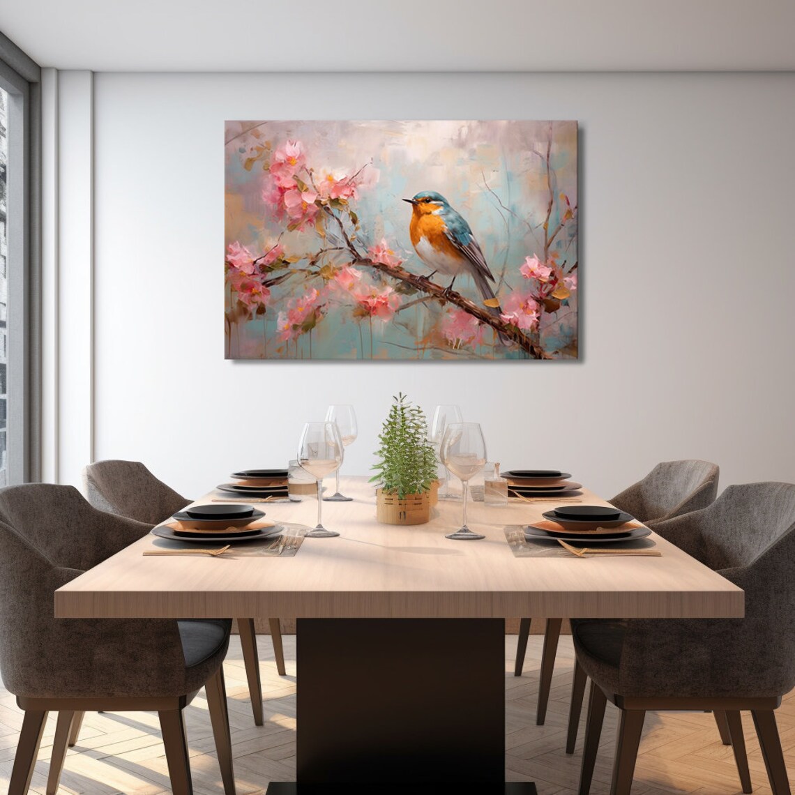 Robin in Cherry Blossom Tree, Spring Bird Art Print - Image 3