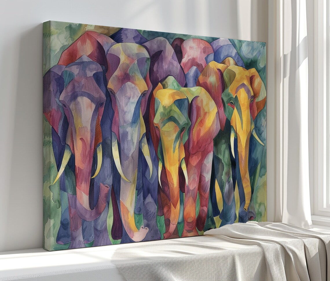Colorful Abstract Elephant Herd Rainbow Watercolor Modern Safari Art Poster