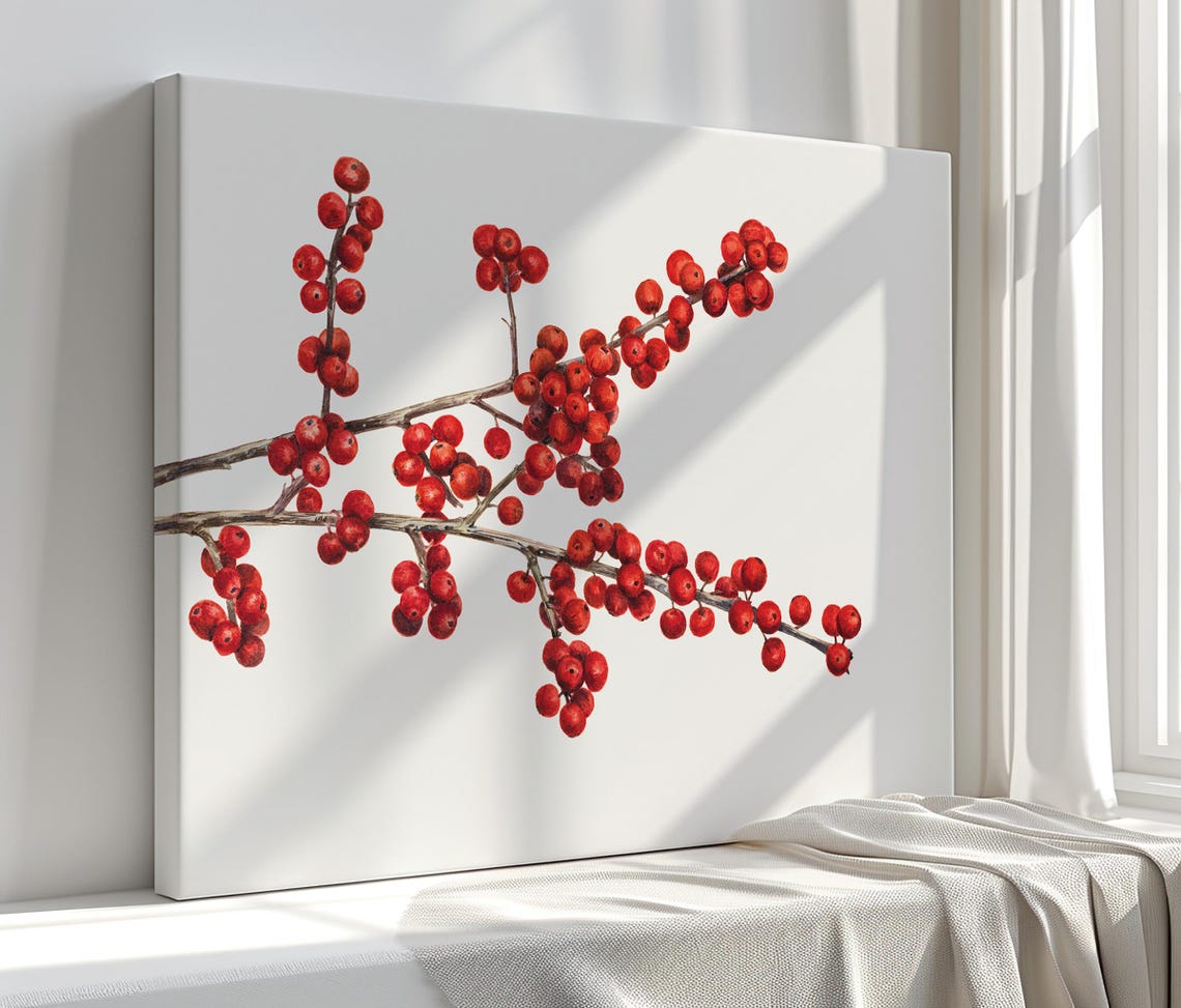 Red Holly Berries Branch Minimalist Botanical Watercolor Art Print