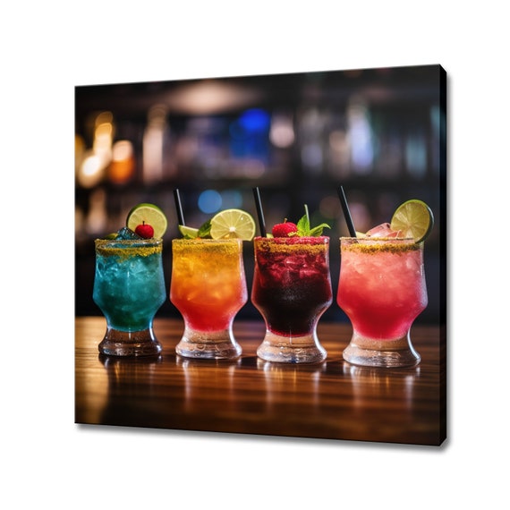 Four Colourful Tropical Cocktails Glasses Print Art Drinks Kitchen Wall Art Bar Restaurant Wall Decor Alcoholic Drinks Print