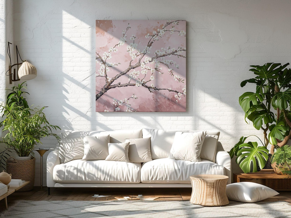 Almond Blossom Branch Pink Sky Van Gogh Style Floral Oil Painting Print - Image 3