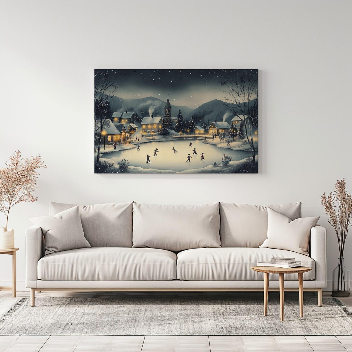 Children Ice Skating In Winter Christmas Village Vintage Painting Print Countryside Print Living Room Wall Art Farmhouse Decor Art - Image 3