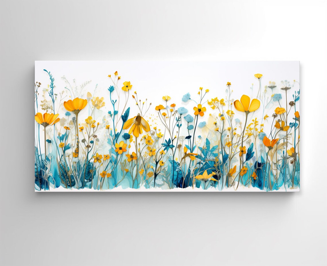 Teal Yellow Blue Wildflowers Meadow Wall Art Print - Image 2