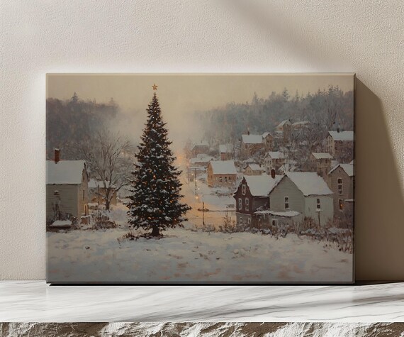 Christmas Tree In Small Town Moody Vintage Painting Print Countryside Print Living Room Wall Art Farmhouse Decor Art