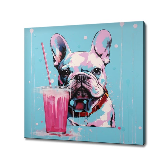 Cute French Bulldog With Pink Milkshake Glass Print Art Drinks Kitchen Wall Bar Restaurant Wall Decor Alcoholic Drinks Print