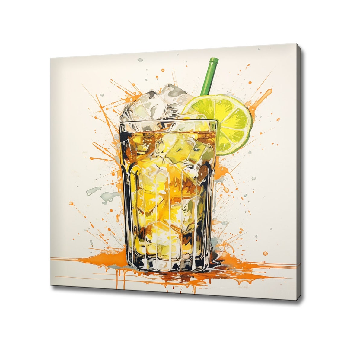 Golden Iced Cocktail With Lime Splash Art Kitchen Bar Wall Art Print