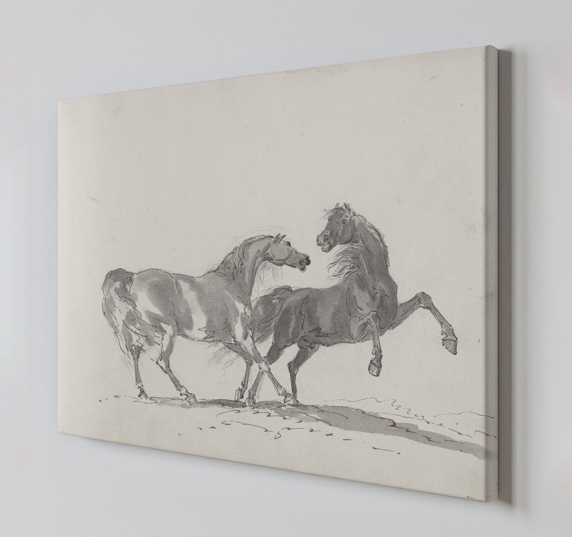 Two Horses Ink Sketch Rearing Monochrome Classic Equine Art Print - Image 3