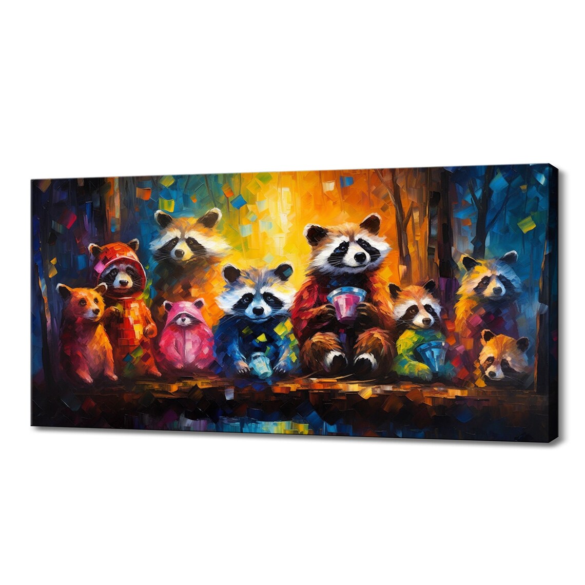 Playful Raccoon Family With Cups Colorful Mosaic Style Animal Wall Art Print
