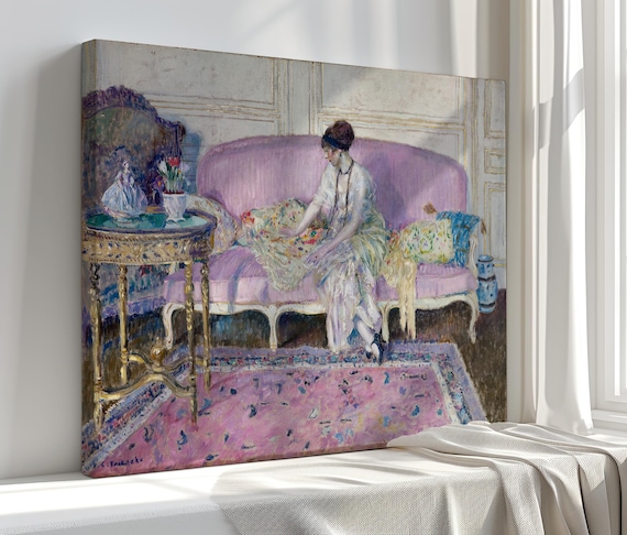Elegant Woman Pink Sofa Interior Impressionist Portrait Wall Art