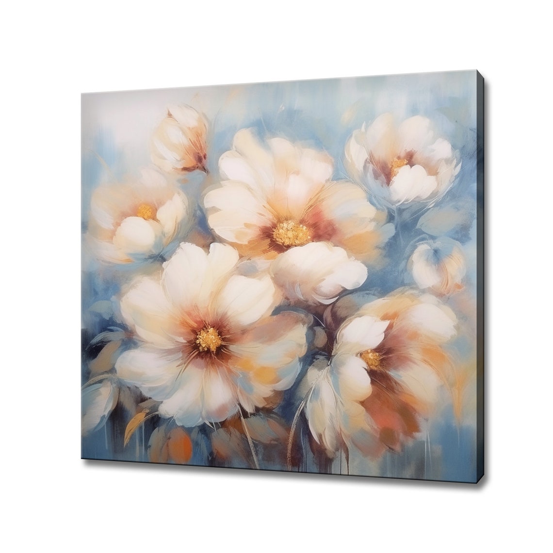 White Cosmos Flowers Blooming Pastel Blue Oil Painting Floral Print