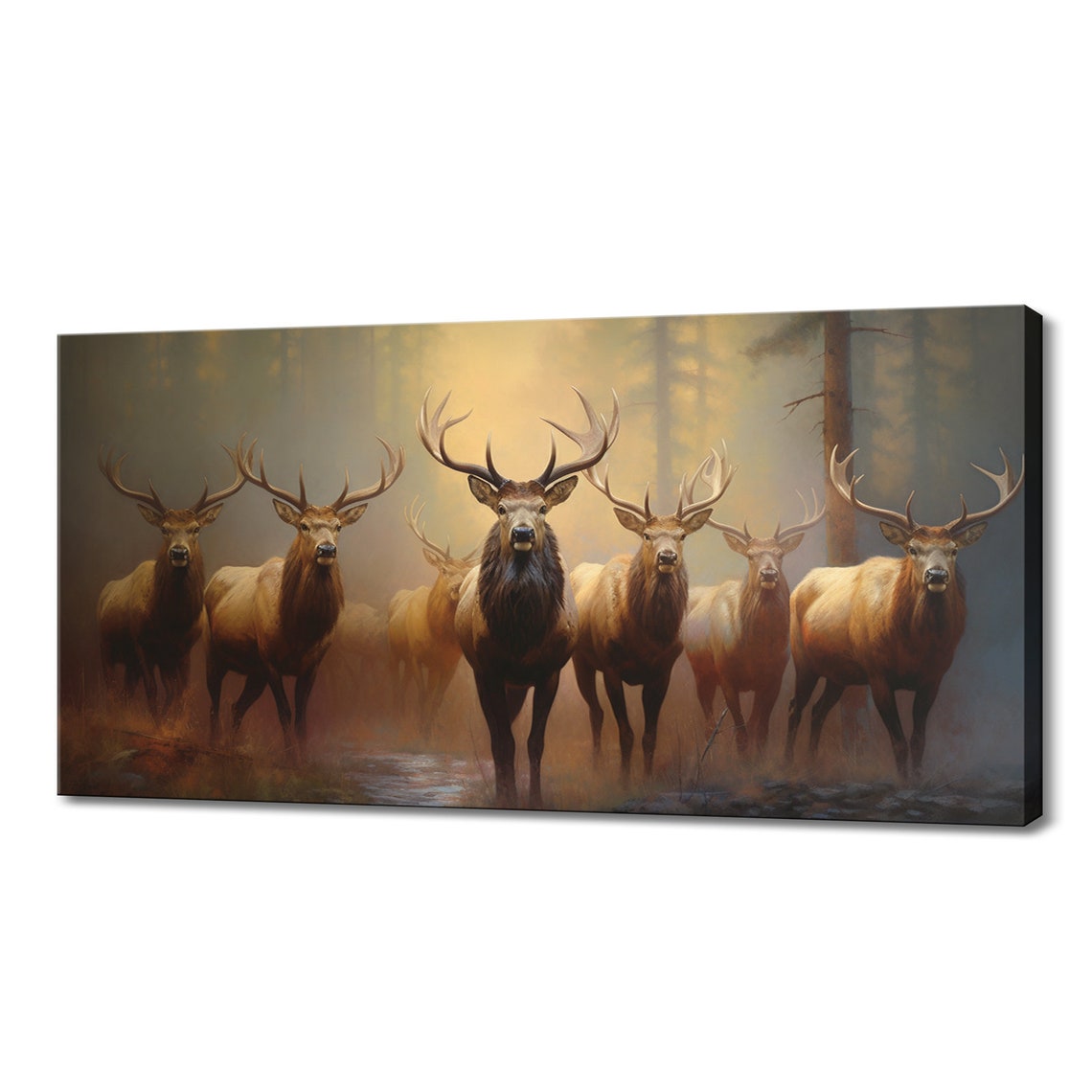 Stag Deer Herd Misty Forest Golden Sunrise Wildlife Art Poster