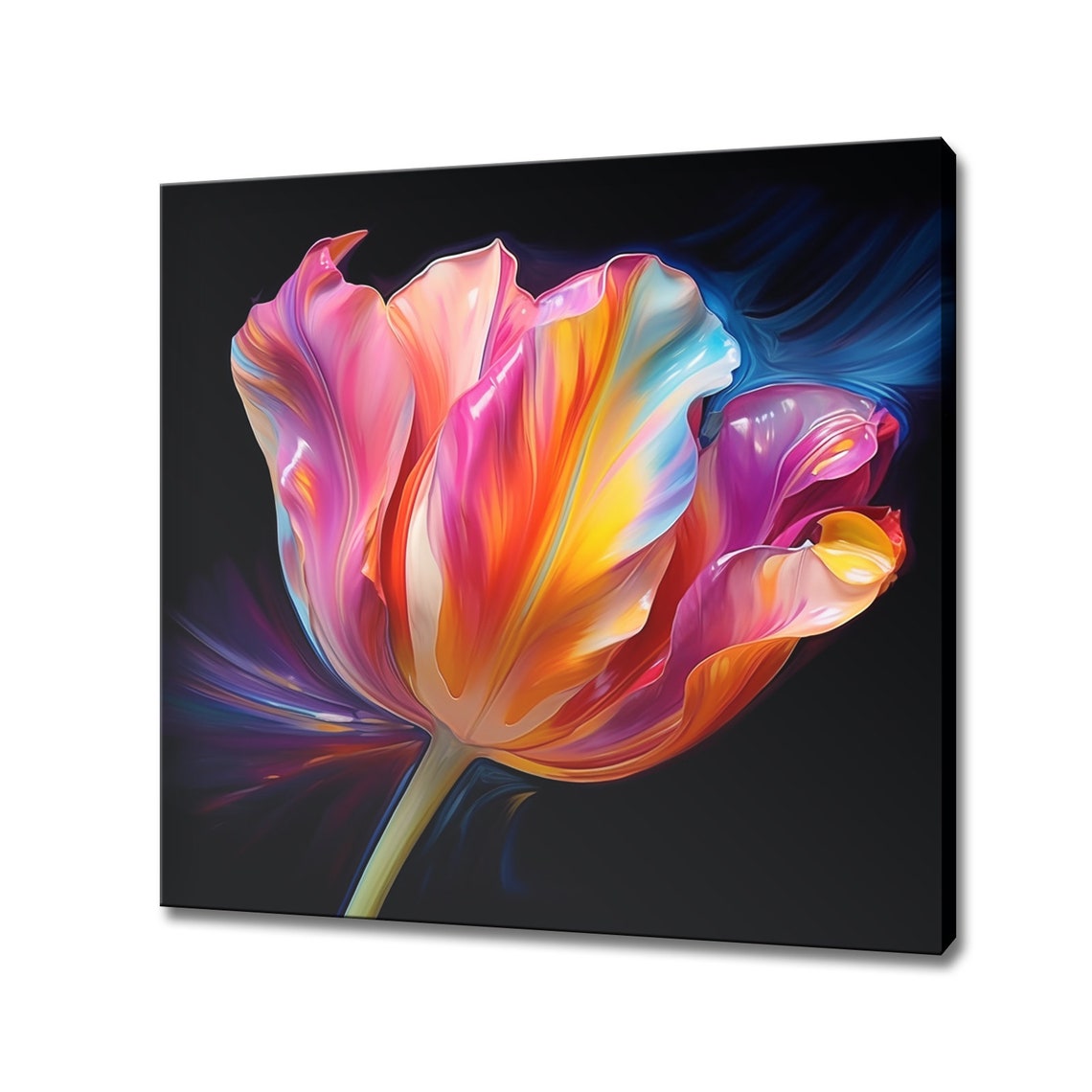 Neon Rainbow Tulip Flower Glowing Petals Dark Modern Floral Art Poster