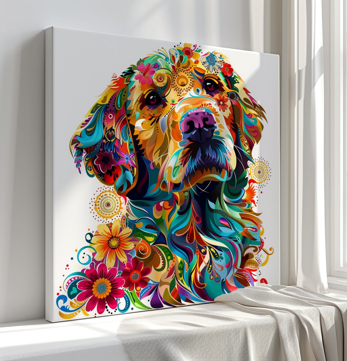 Golden Retriever Floral Art Colourful Flower Dog Wall Poster - Image 2