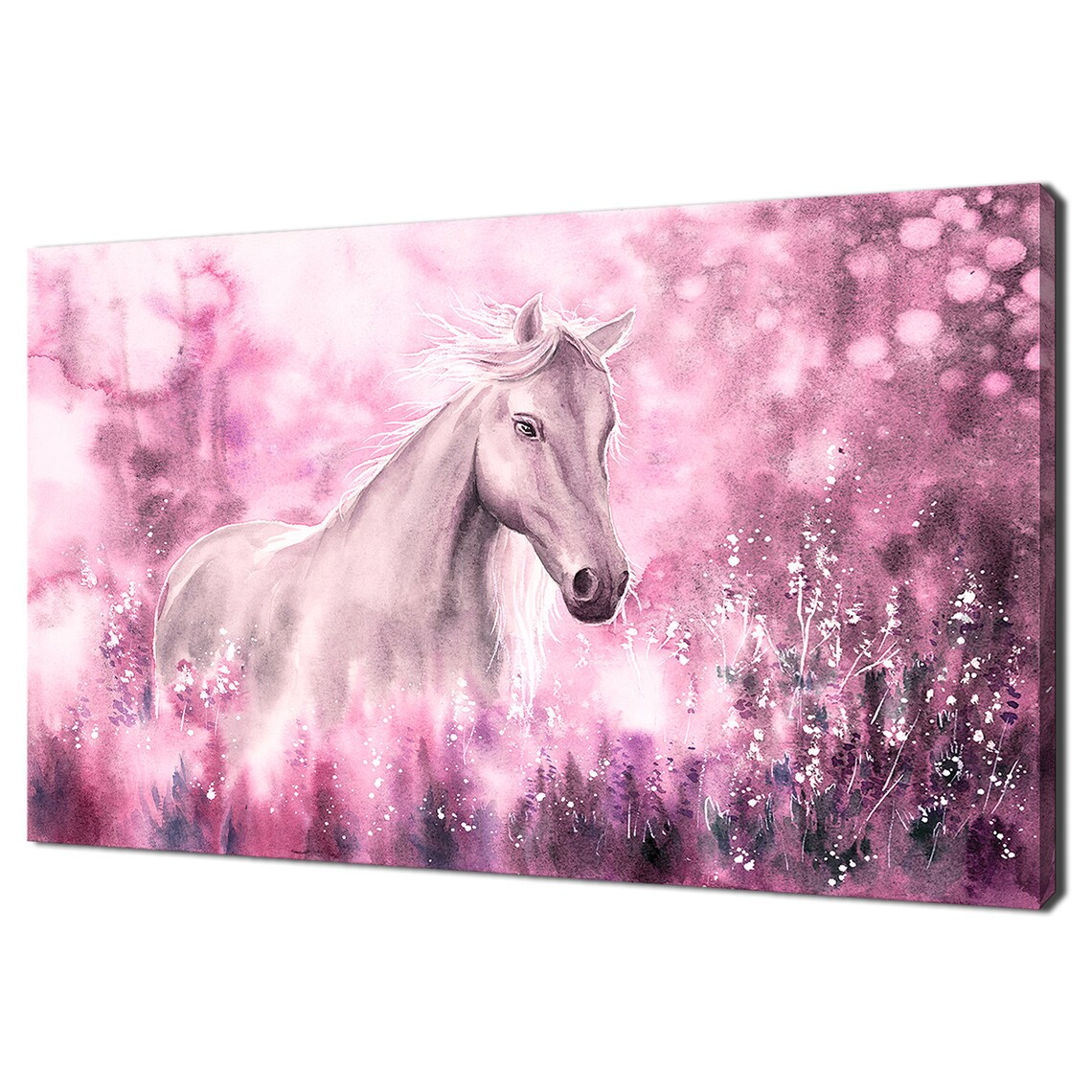 White Horse Pink Watercolor Wildflower Field Dreamy Art Poster