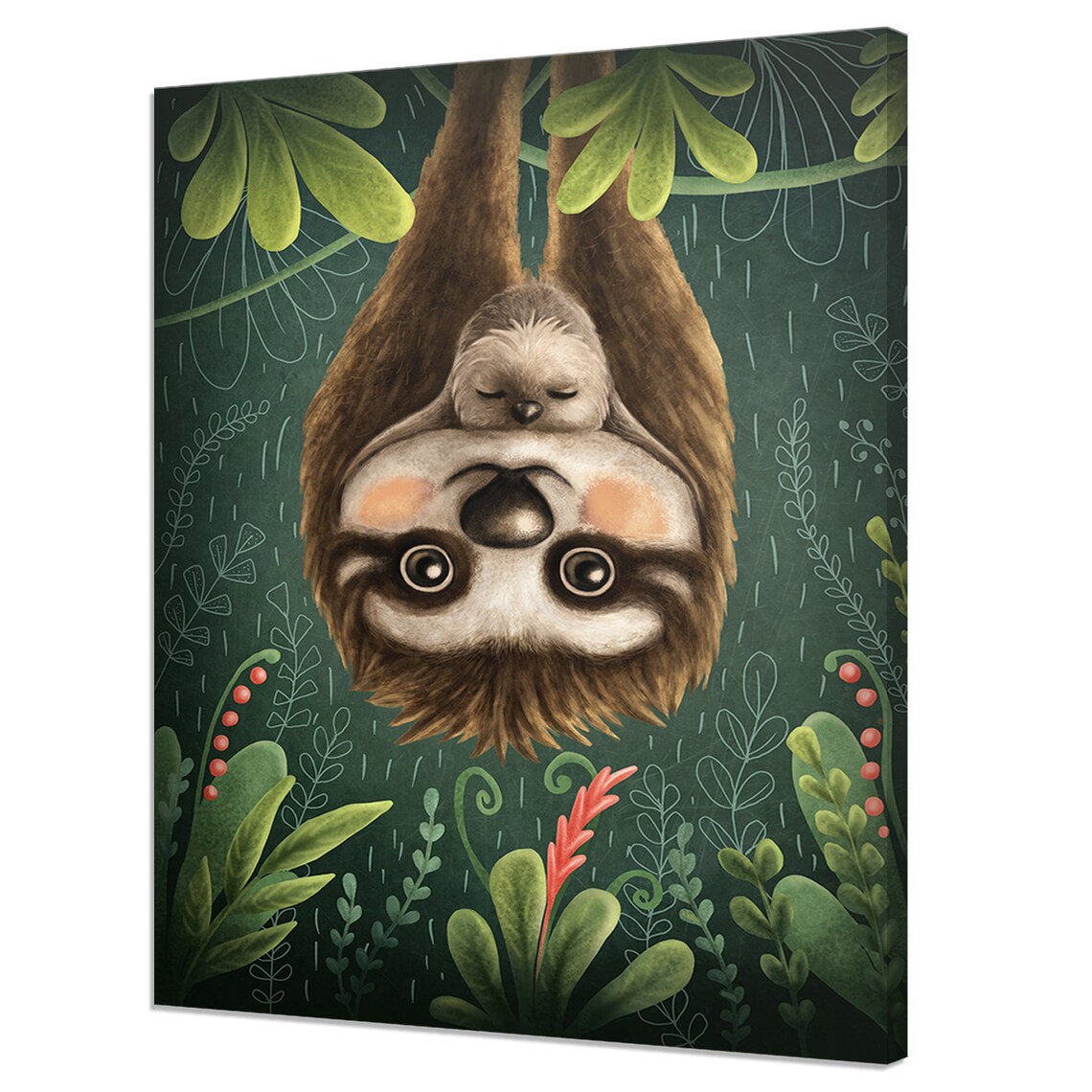 Cute Cartoon Sloth Mother And Baby Hanging Jungle Tropical Leaves Poster