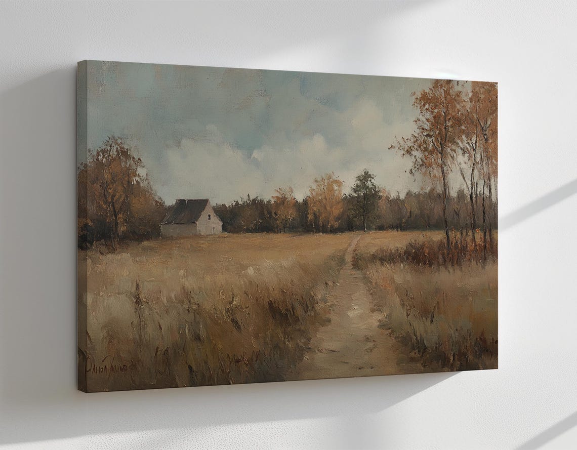 Little Cottage Autumn Landscape Vintage Painting Print Countryside Moody Print Living Room Wall Art Farmhouse Decor Art - Image 4