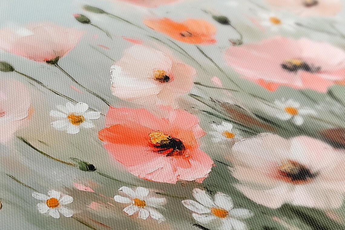 Coral Poppy Field With Daisies Soft Neutral Botanical Painting Print - Image 2