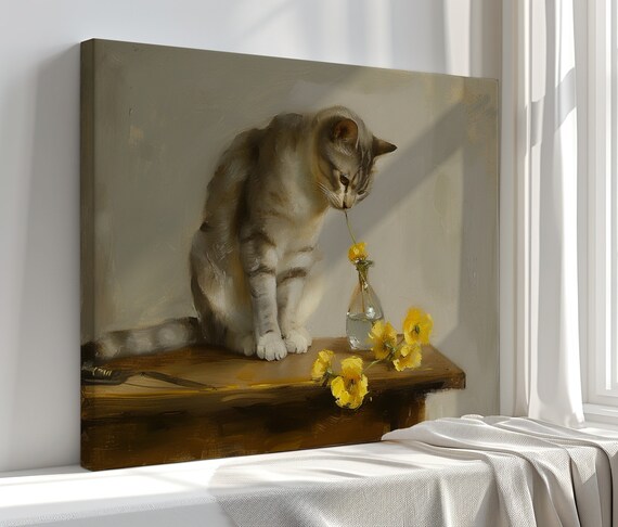 Grey Tabby Cat Sniffing Yellow Flowers Still Life Oil Painting Wall Art Poster