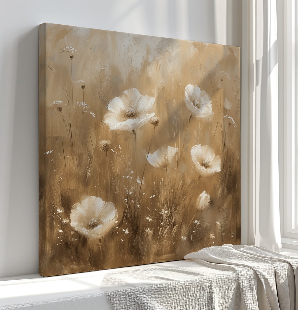 Neutral Beige Wildflower Meadow White Blooms Soft Botanical Art Print