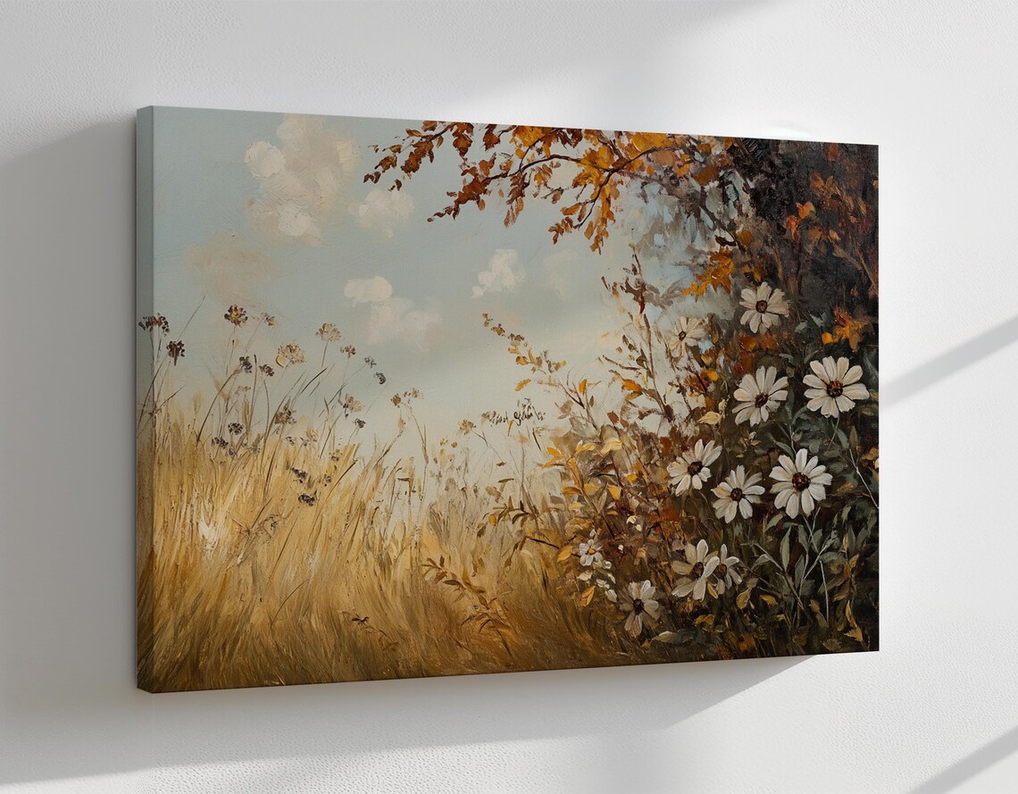 Autumn Meadow Daisy Field Vintage Golden Landscape Painting Poster - Image 4