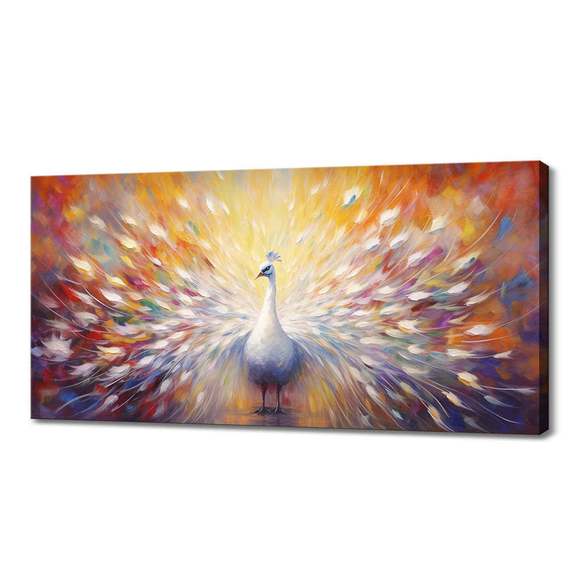 White Peacock Fanned Tail Rainbow Burst Panoramic Wall Art Poster