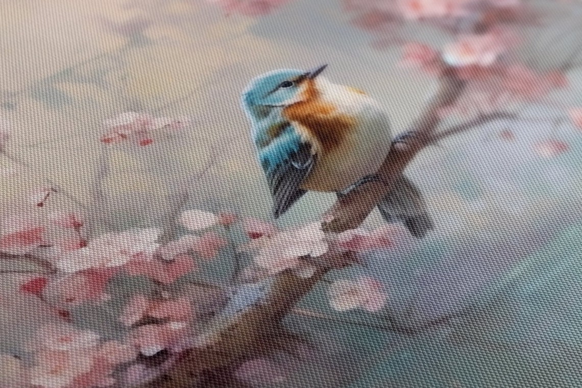 Cute Blue Bird On Pink Blossom Branch Spring Wall Art Poster - Image 3