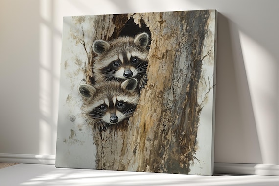 Two Cute Raccoons Peeking Tree Trunk Realistic Wildlife Painting Kids Wall Art