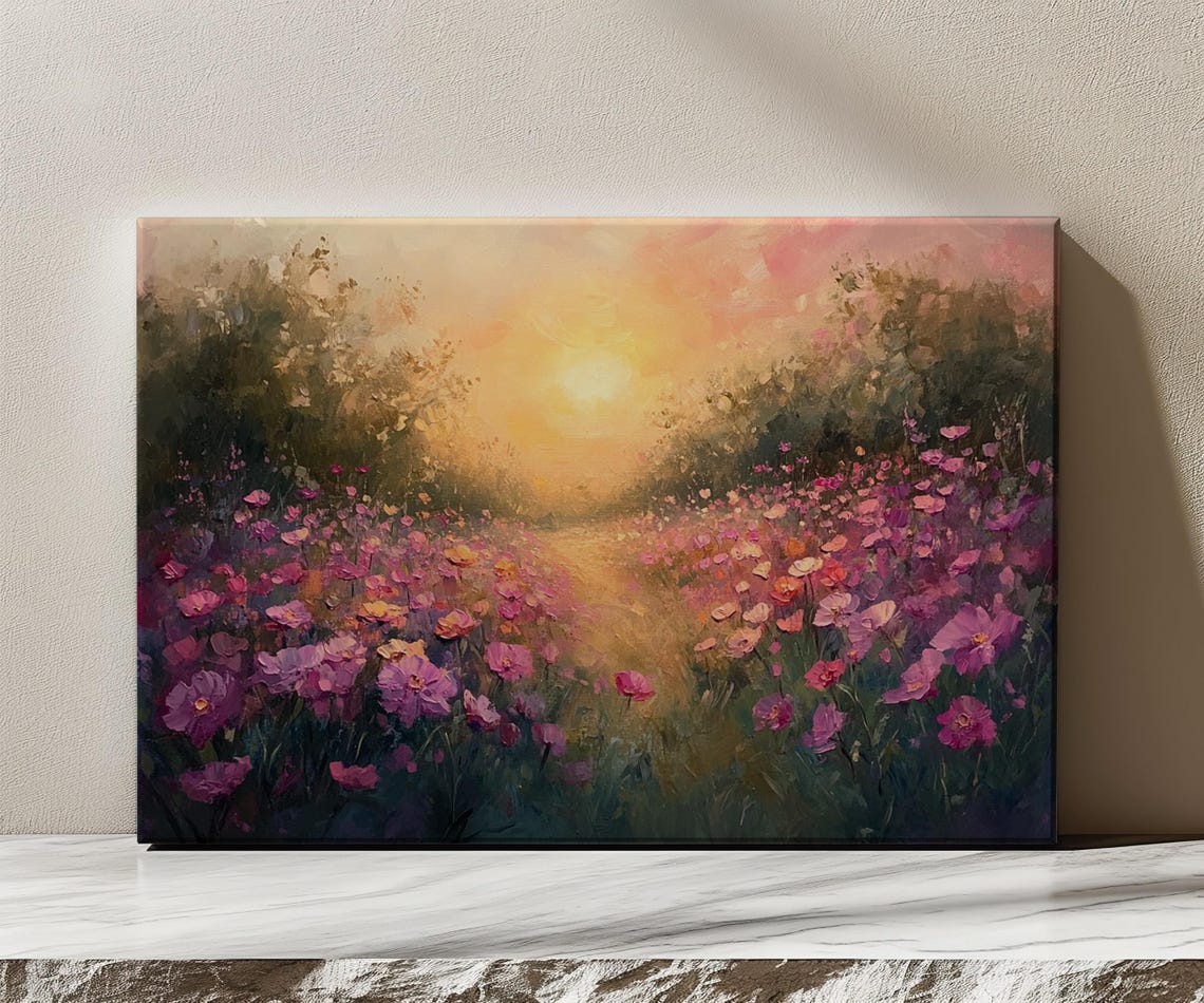 Pink Flowers Dreamy Meadow Field Sunset Vintage Painting Print Countryside Print Living Room Wall Art Farmhouse Decor Art