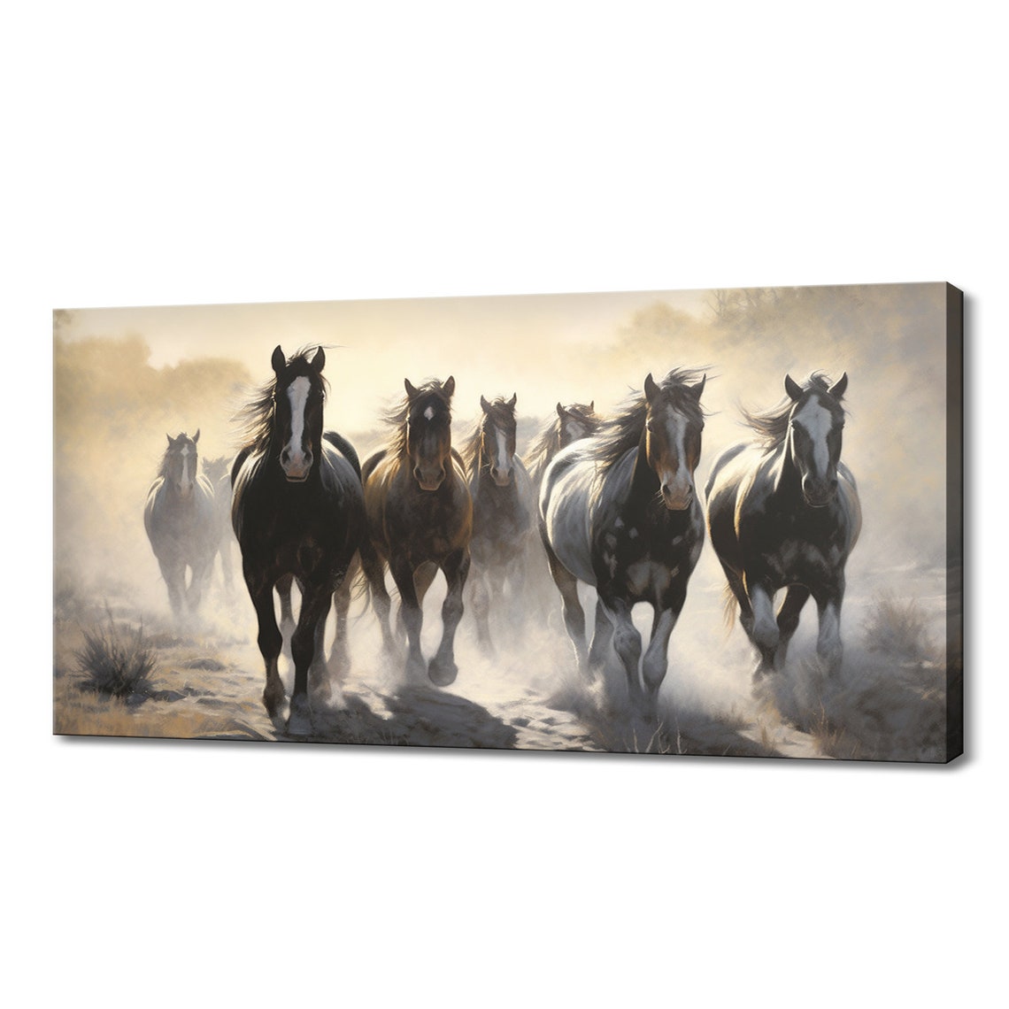 Running Wild Horses Stampede Dust Golden Light Panoramic Poster