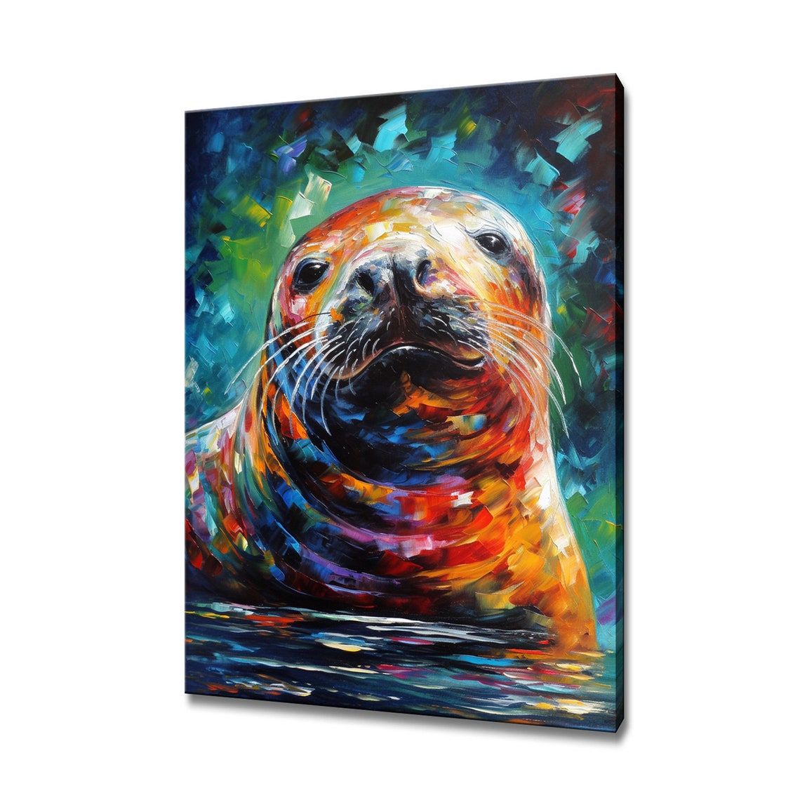 Cute Seal Face Colourful Impasto Ocean Animal Portrait Wall Art Poster