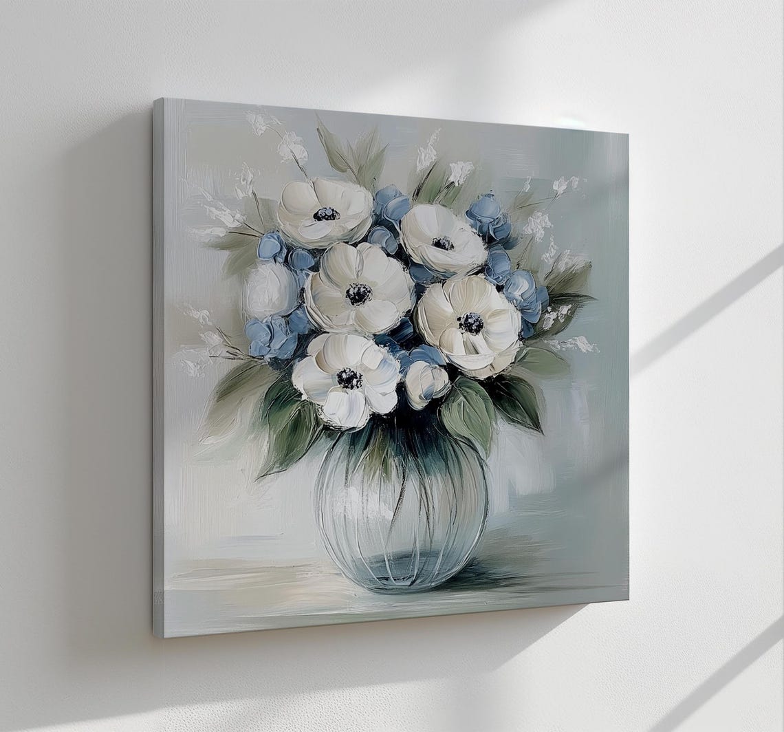 Beautiful Bouquet Of White Anemone Flowers Vintage Oil Painting Print Wall Hanging Living Room Decor Modern Design Floral Art Print