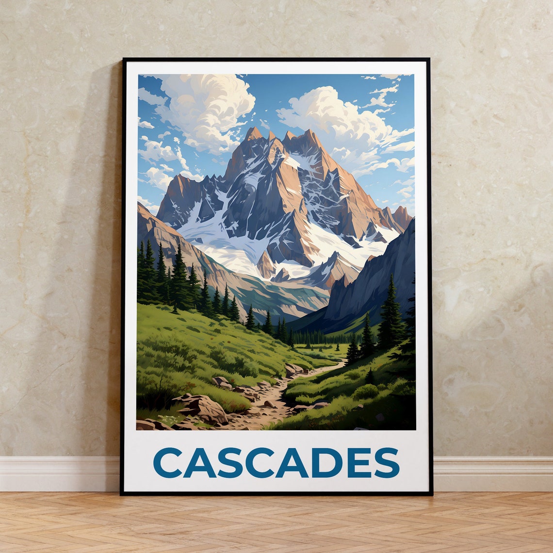 Cascades Snowy Peak Alpine Meadow Hiking Trail Summer Poster
