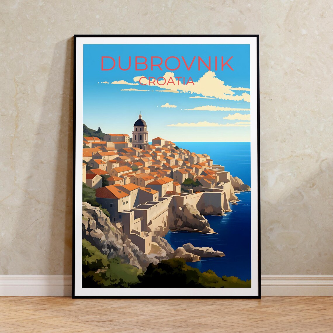Dubrovnik Croatia Old Town Walls Adriatic Seaside View Travel Poster
