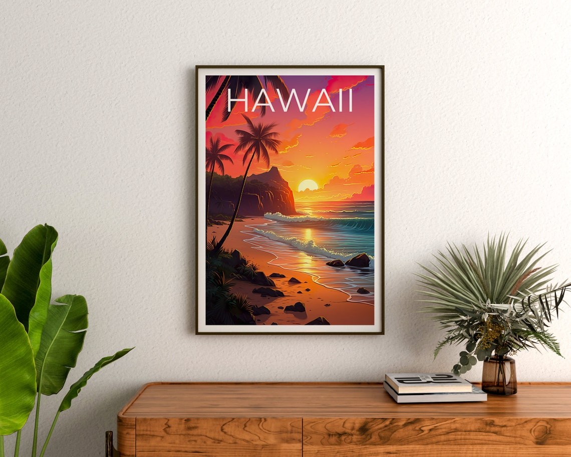 Hawaii Golden Beach Sunset Palm Trees Rocky Shoreline Travel Poster - Image 3