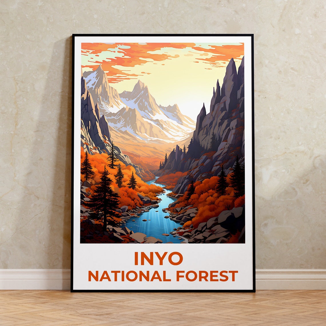 Inyo National Forest Snowy Peak River Autumn Valley View Poster