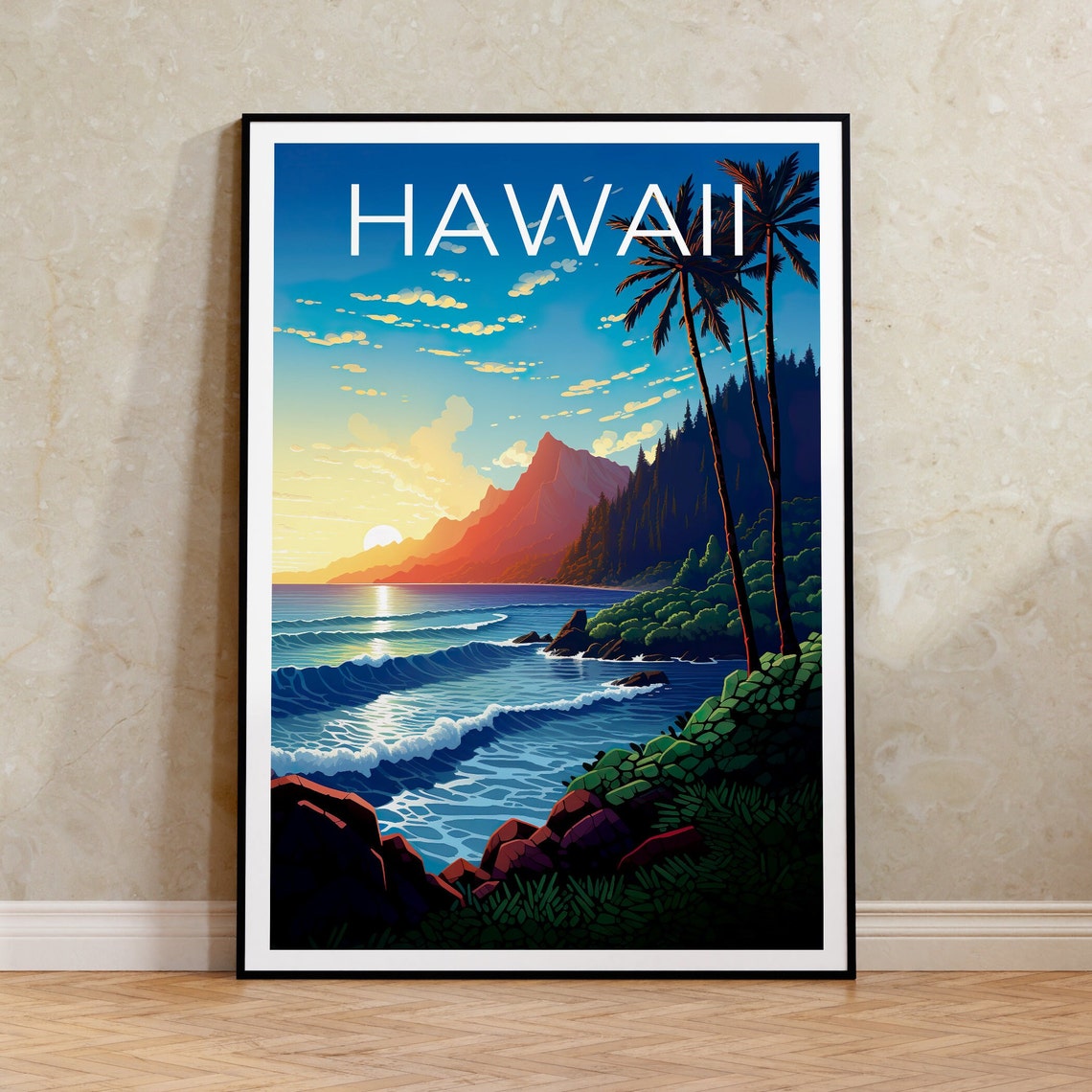 Hawaii Beach Palm Trees Sunset Waves Mountain Coastline Travel Poster