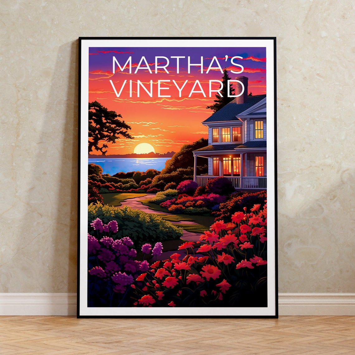 Martha's Vineyard Cottage Garden Sunset Waterfront Travel Poster