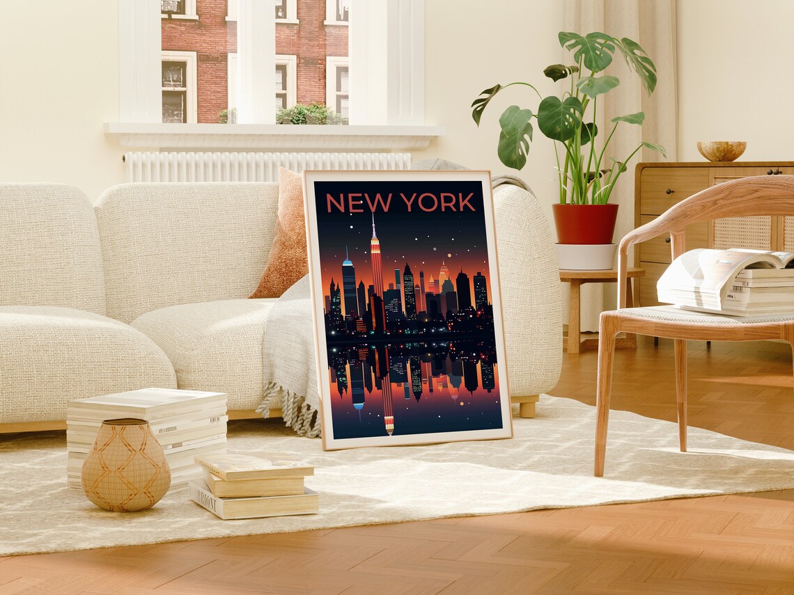New York City Manhattan Skyline Night Lights Reflection Art Poster - Image 4