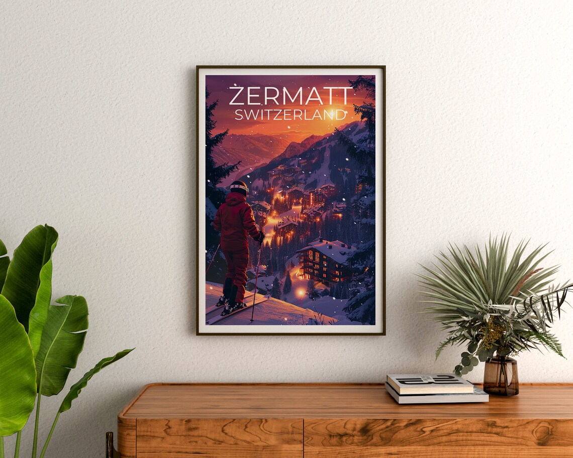 Zermatt Switzerland Ski Village Dusk Snowy Slopes Night Poster - Image 3
