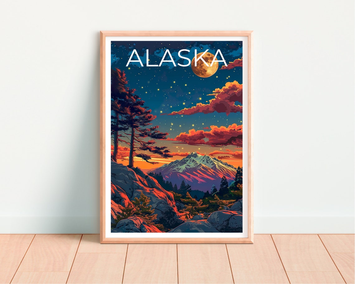 Alaska Full Moon Mountain Wilderness Night Lights Travel Poster - Image 4