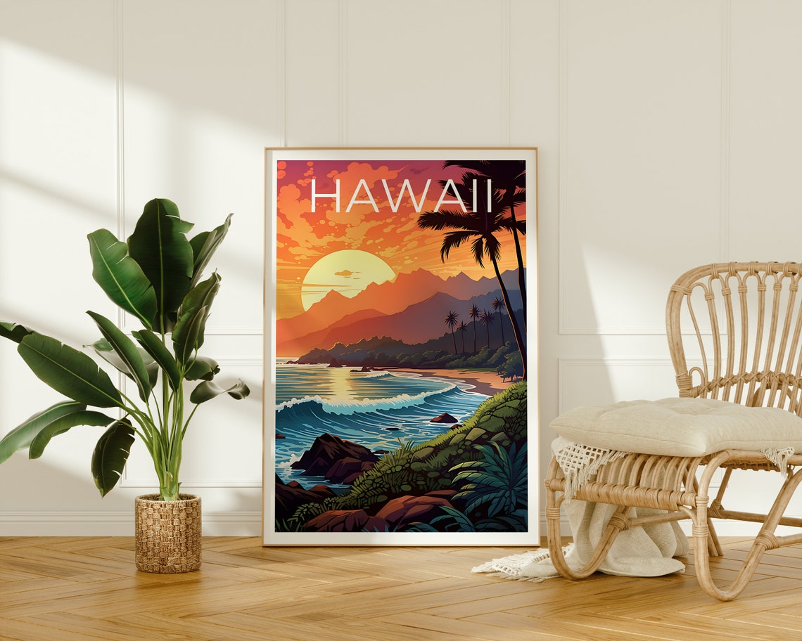 Hawaii Island Sunset Coastline Palm Silhouettes Vintage Travel Poster - Image 2