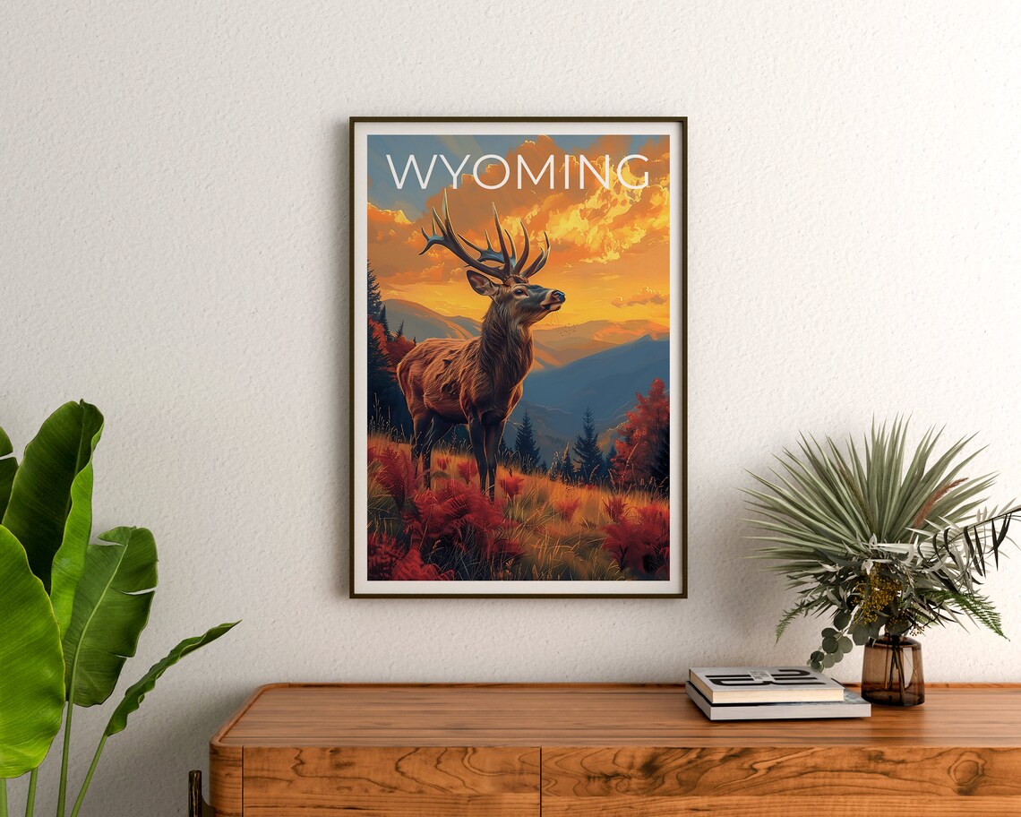 Wyoming Bull Elk Sunset Hillside Wildlife Mountain View Travel Poster - Image 3