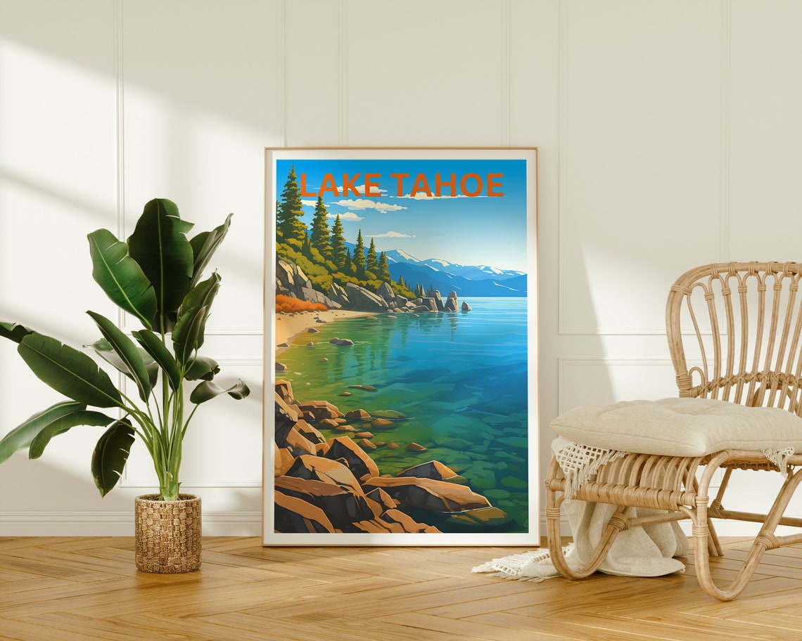 Lake Tahoe Crystal Clear Turquoise Cove Beach Boulder View Poster - Image 2