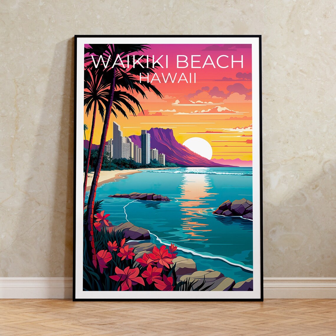 Waikiki Beach Travel Poster, Honolulu Hawaii Art