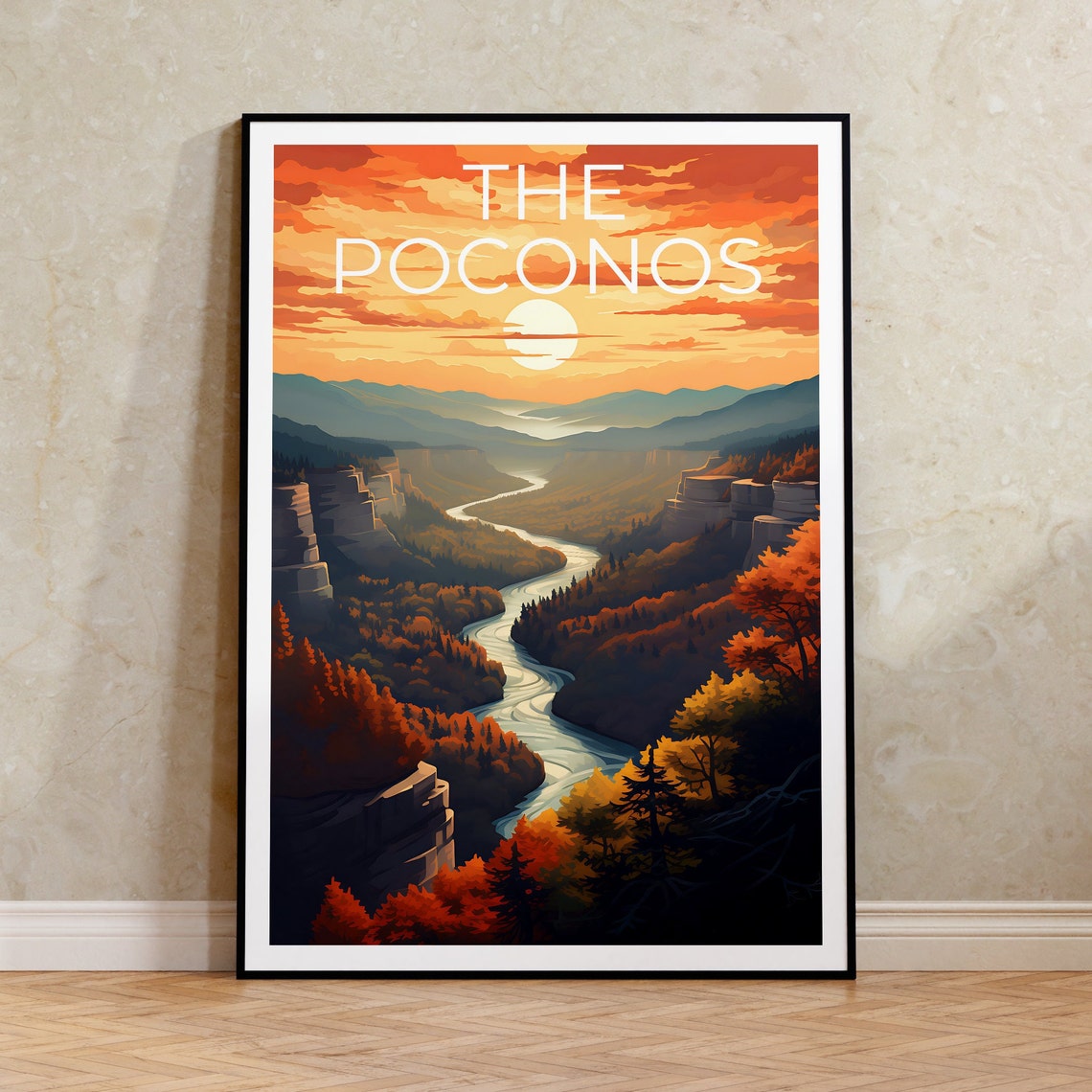 The Poconos Pennsylvania Sunset River Gorge Fall Foliage Travel Poster